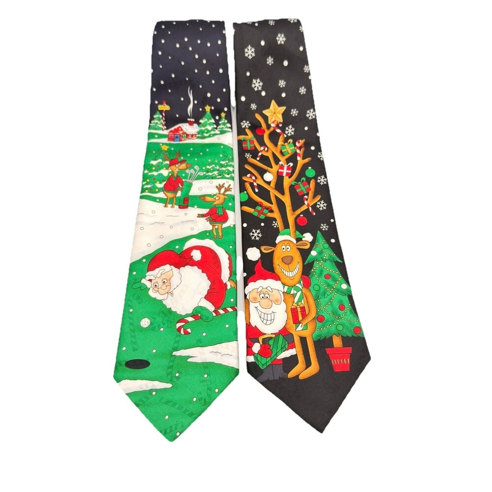 Hallmark Yule TIE Greetings Christmas Neckties Santa Reindeer Golf Holiday Set 2